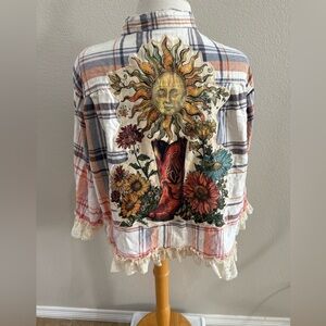 Sew Love It  Boutique Distressed & Embellished  Flannel Button Up Shirt Size XL